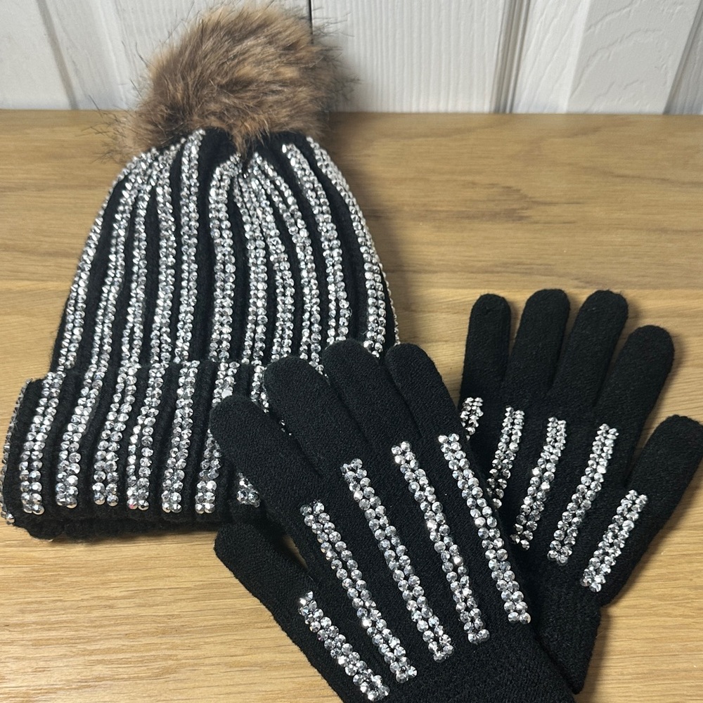 Black and Silver Rhinestone Beanie & Gloves with Faux Fur Pom